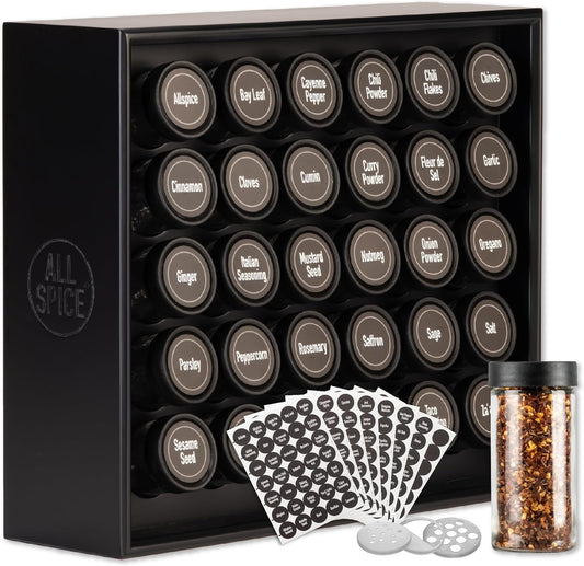 AllSpice Spice Rack Organizer, Wood, 525 Unique Labels, Countertop or Wall Mount, Includes 30 4oz Jars- Matte Black
