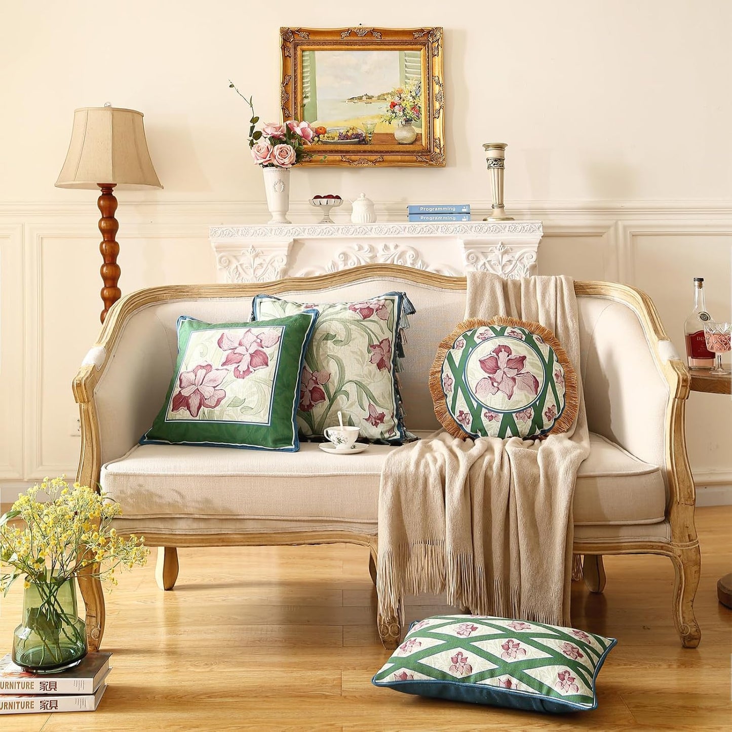 patdrea Designer Throw Pillow Covers Set of 4,French Elegant Green Linen with Iris Floral Collection Pattern Pillow Covers,Decorative Lumbar Square Round Pillowcases Cushion for Bed Living Room