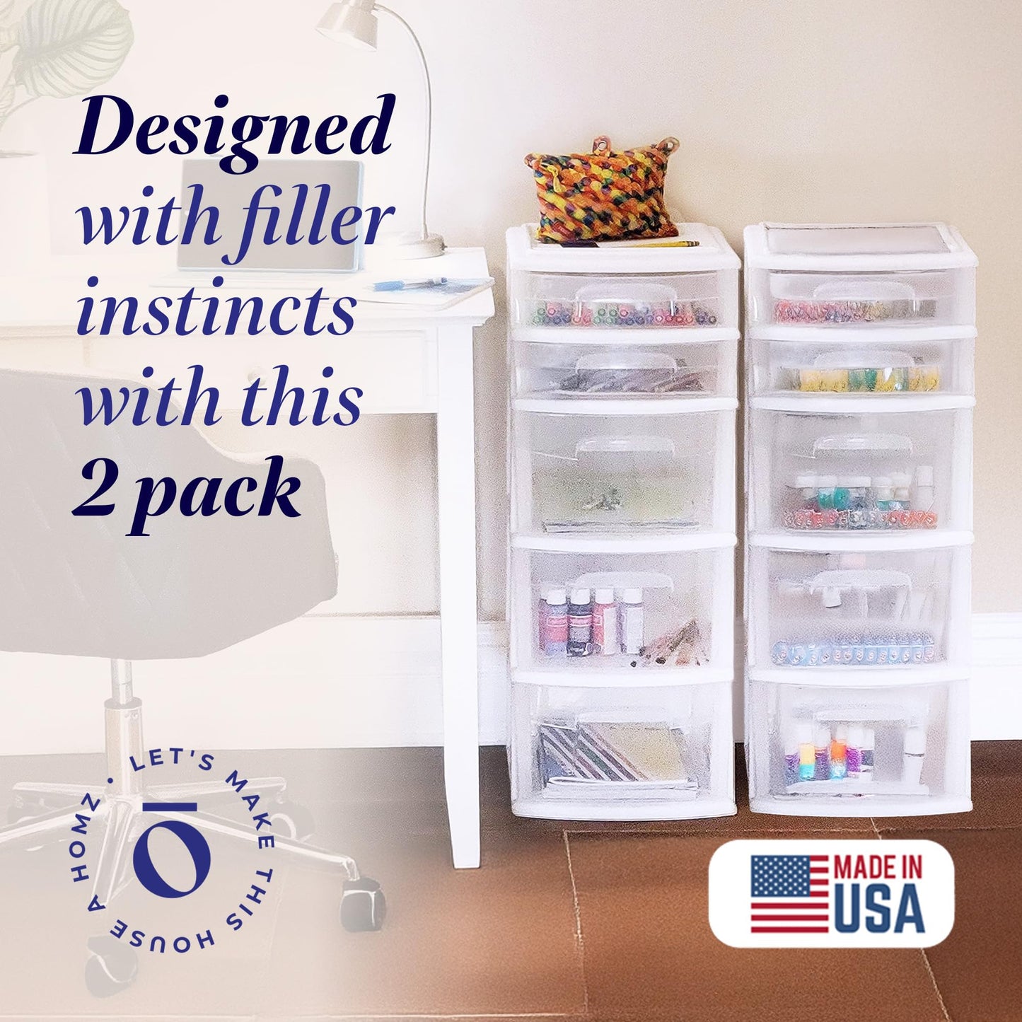 HOMZ 2-Pack Drawer Tower, 5-Tier Clear Plastic Storage Organizer Unit, White Frame - Multi-Purpose