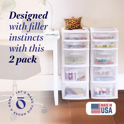 HOMZ 2-Pack Drawer Tower, 5-Tier Clear Plastic Storage Organizer Unit, White Frame - Multi-Purpose