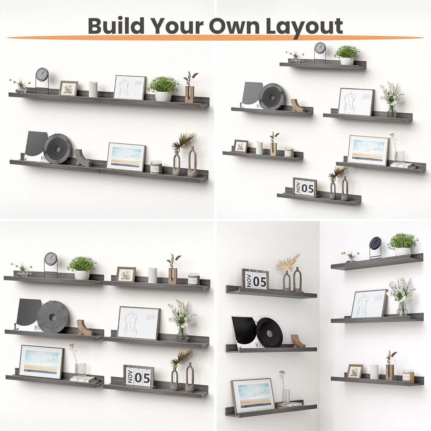 upsimples Floating Shelves for Wall, Wood Mounted Shelf Decor Storage Set of 6, for Bedroom, Living Room, Bathroom, Kitchen, 23.6 inch Long Picture Ledge, Grey