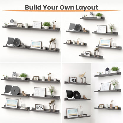upsimples Floating Shelves for Wall, Wood Mounted Shelf Decor Storage Set of 6, for Bedroom, Living Room, Bathroom, Kitchen, 23.6 inch Long Picture Ledge, Grey