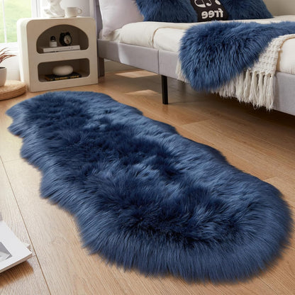 AMTOVO Faux Sheepskin Rug, Dark Blue Ultra Soft Fluffy Shag Area Rug, 2 x 6 ft Faux Fur Rug for Bedroom Sofa Throw Cushion Room Decor, Sheepskin