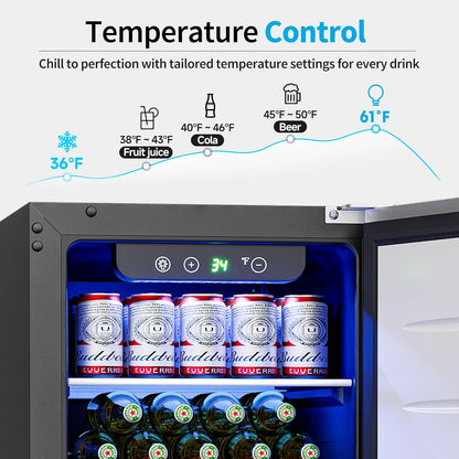 15 Inch Undercounter Beverage Refrigerator - 126 Cans Beverage Fridge with Stainless Steel Door for Beer Wine Soda - Built-in or Freestanding Wine Cooler for Home Kitchen Bar