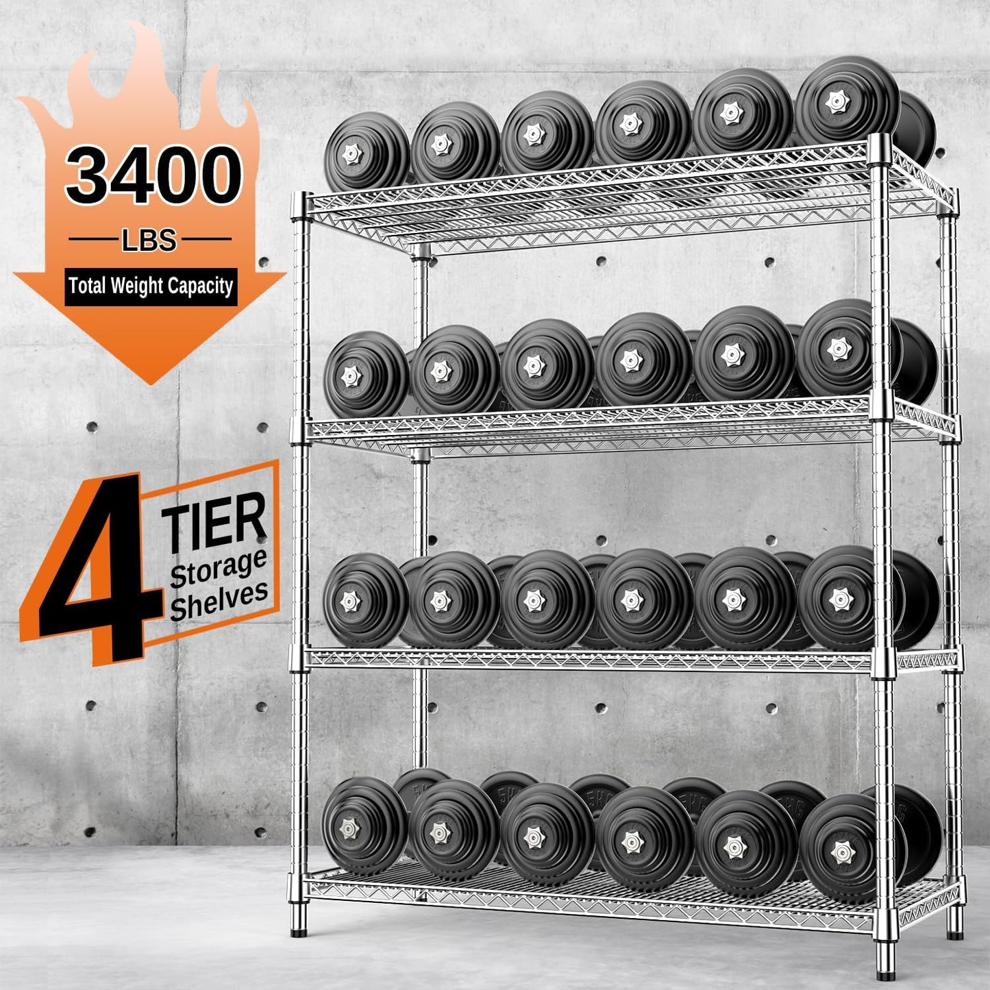 IZEUK 3400 LBS Garage Shelving Wide Storage Shelves 4 Tier Metal Shelves Heavy Duty Adjustable Utility Shelf Rack Chrome 17.7" D x 59.1" W x 70.4" H