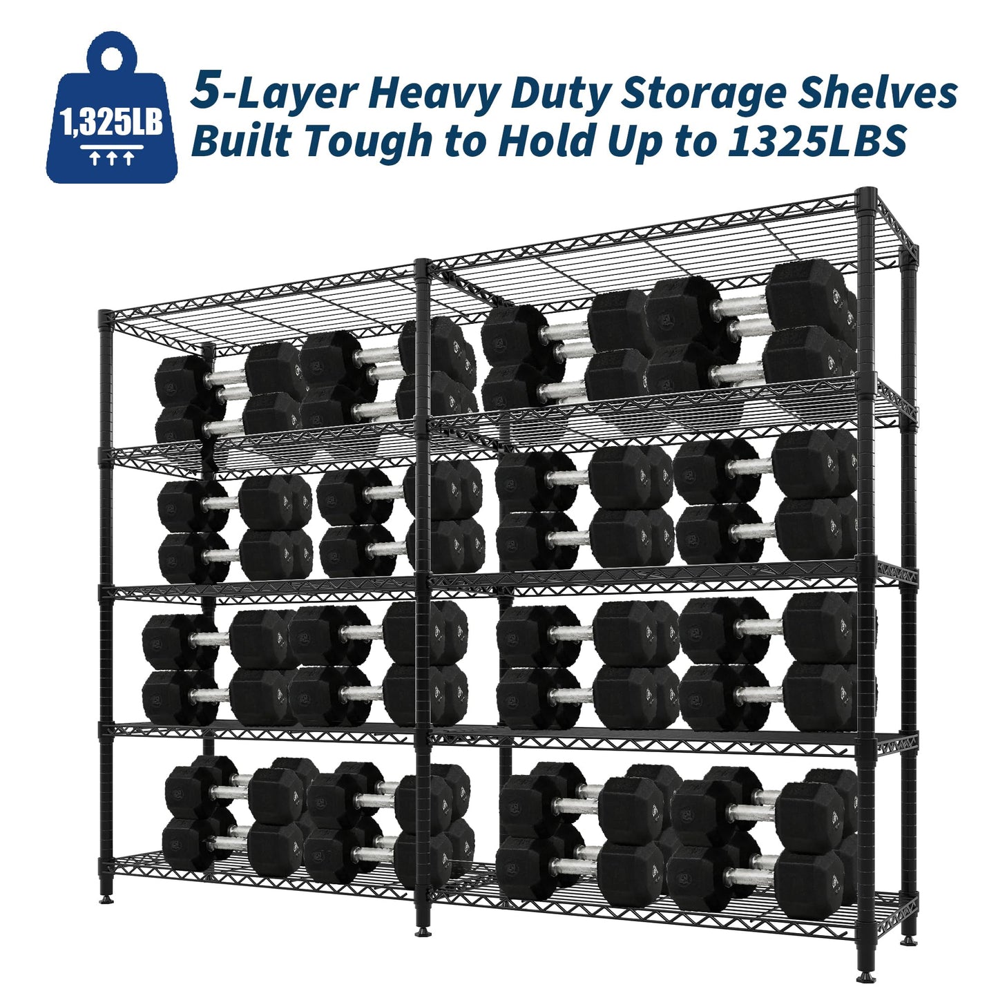 MilleLoom 5-Tier Metal Storage Shelves, Heavy Duty Wire Rack Shelving Unit for Garage Kitchen