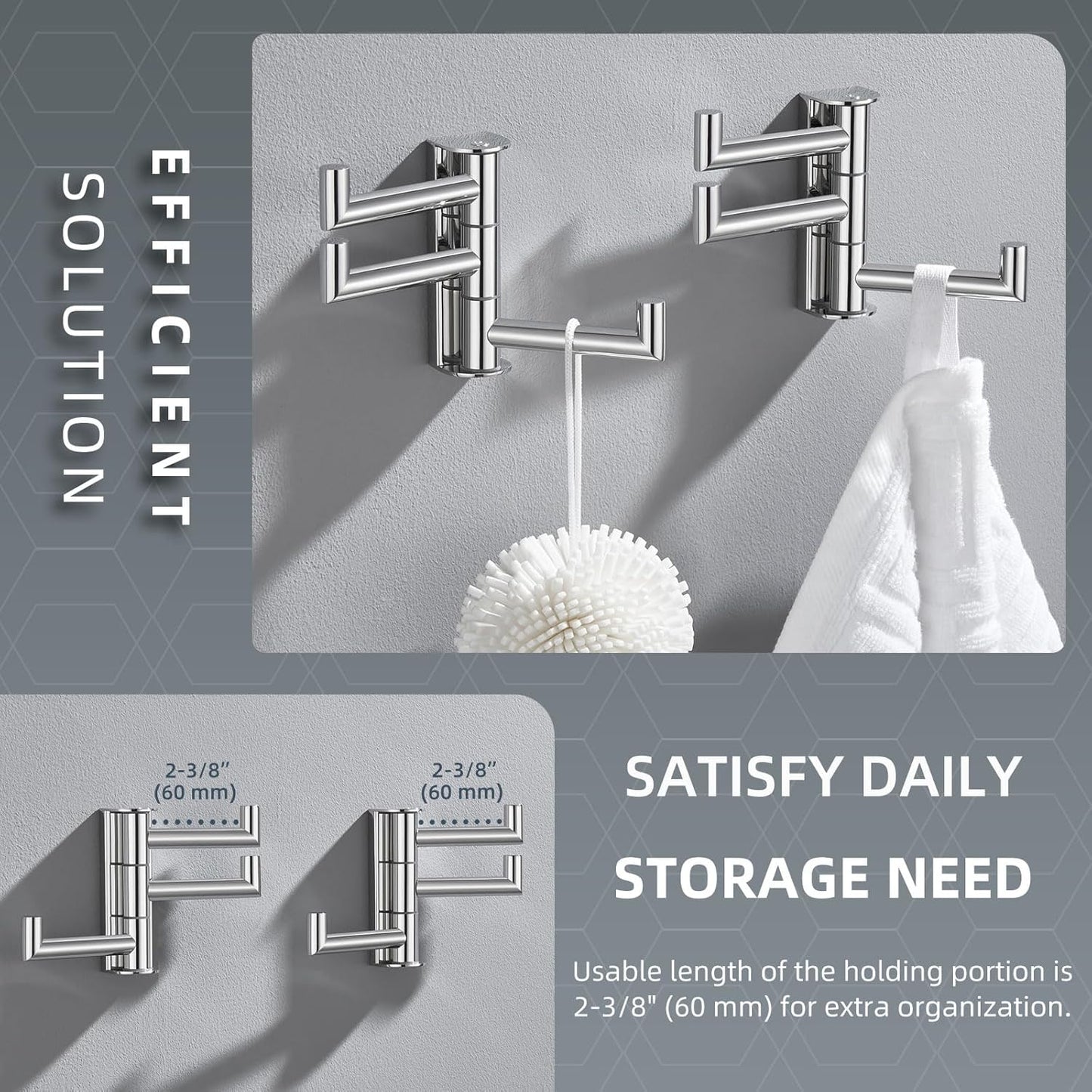 Angle Simple Swivel Towel Hooks for Bathroom, SUS 304 Stainless Steel Foldable 3 Arms Hand Towel Holder, Coat Wall Hooks, Polished Chrome, 2 Pack