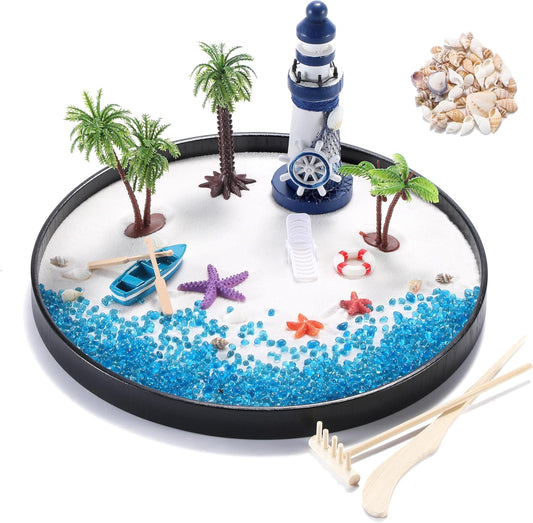 Zen Garden for Desk, Holiday Island Theme Sand Box Kit, Garden Meditation, Stress Relief Gifts