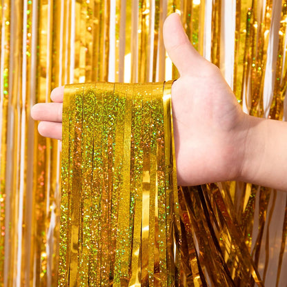 3 Pack 3.3 x 8.2 ft Laser Gold Foil Fringe Backdrop Curtains, Tinsel Streamers Birthday Party Decorations, Fringe Backdrop for Graduation, Baby Shower, Gender Reveal, Disco Party