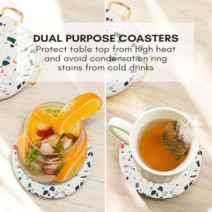 Terrazzo Drink Absorbent Coasters with Holder Set of 6, Ceramic Coaster for Drinks, Coffee Table Decor, Water Absorbing Stone Coaster for Drinks (Mosaic)