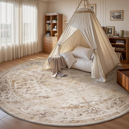 AMOAMI-6FT Round Rug-Rugs for Living Room-Vintage Soft Beige Rugs for Bedroom-Non Slip Circle Rug-Machine Washable Rug for Dining Room Living Room Bedroom Office Under Table