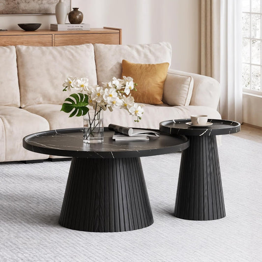 win2win Nesting Coffee Table Set of 2, Modern Coffee Table with Marble Veneer, Fluted Round Tea