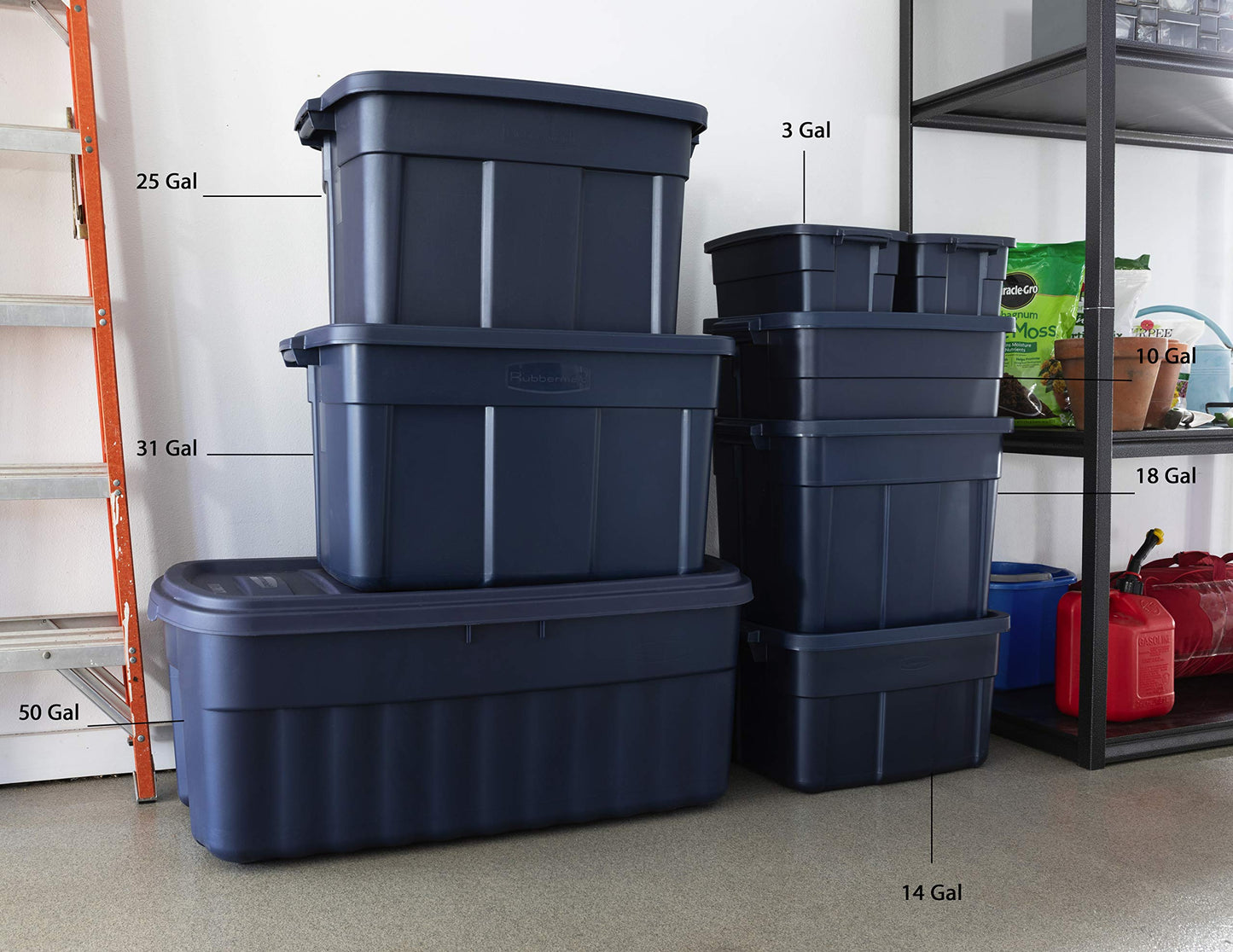 Rubbermaid Roughneck Tote 25 Gal, 4 Pack, Made in USA, Dark Indigo Metallic, Rugged Plastic