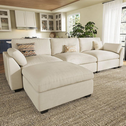 Belffin Extra Large Modular Sectional Sofa,106.3" 4-Seater L Shaped Couch,Velvet Convertible Sectional Couches for Living Room,Comfy Upholstered Modern Cloud Couch,Beige Sofa