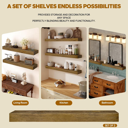 Floating Shelves 24 inch for Wall Set of 2,3 inch Thick Pine Wood Wall Mount Shelf for Kitchen Living Room Bedroom Bathroom,8" D x 24" L x 3" H-Drak Walnut