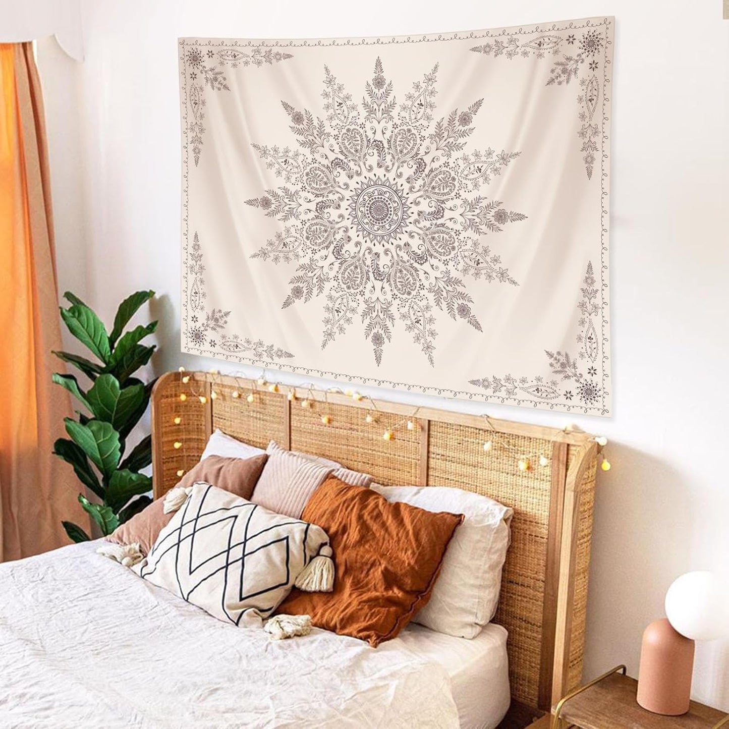 Lunerfex Boho Floral Tapestry Mandala Wall Tapestry, Cute Tapestries for Bedroom Beige Flower Tapestries Wall Hanging for Bedroom Living Room Decor Beige-2 60"x80"