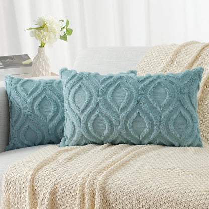decorUhome Fall Throw Pillow Covers 12x20 Inch Set of 2, Soft Plush Decorative Faux Fur Aqua Solid Couch Pillow Covers, Accent Farmhouse Neutral Lumbar Euro Pillow Cases for Sofa Bed Living Room
