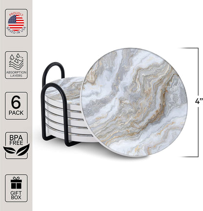 Emerson Coasters for Drinks Absorbent – Natural Stone Drink Coasters Set with Holder, Coasters for Coffee Table, Wooden Tabletop Protection Marble Style – 100% Heavy Duty Set of 6 (Sky)