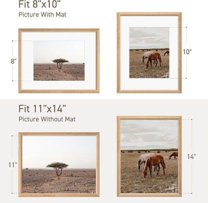 11x14 Picture Frame Set of 4 Natural Solid Oak Photo Frames with 8x10 Removable Mat Wall Hanging Large Handcrafted Frame with HD Plexiglass Wall and Tabletop Display Large Poster Frame