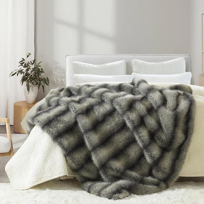HORIMOTE HOME Luxury Faux Fur Throw Blanket, Non-Shedding 60"x80" Fur Blanket Throw, Ultra Soft Blankets for Bed, Couch and Sofa, Premium Soft, Thick Fluffy Throws, Gray Black Stripes