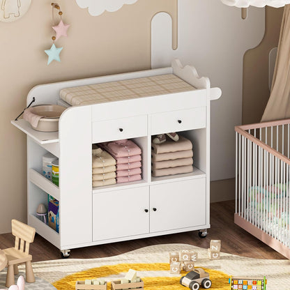 Baby Changing Table Dresser, 3 Drawers Nursery Dresser with 4 Open Cubbies, Rolling Chest of Drawers with Wheels, 43" W x 19.5" D x 40" H
