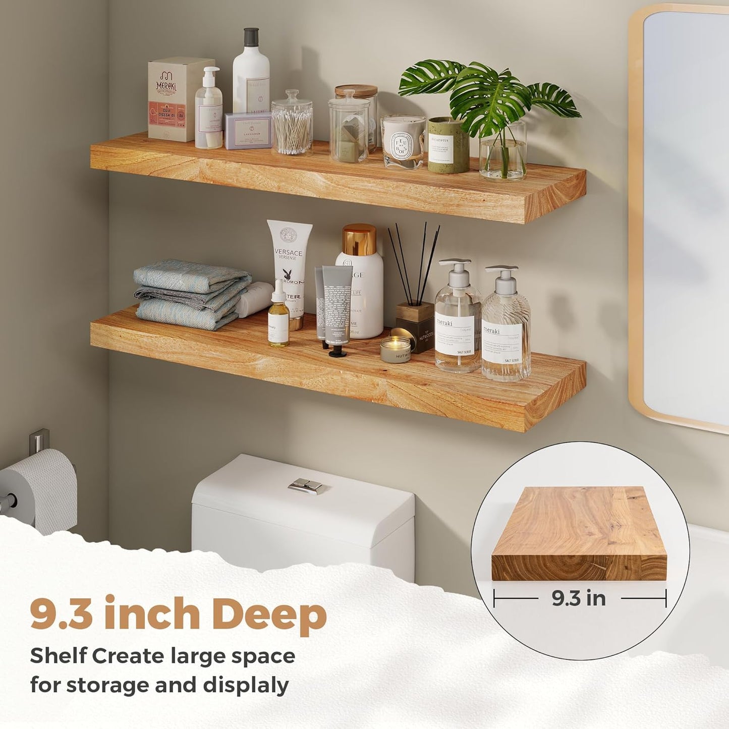 RICHFOCUS Elm Floating Shelves for Wall - 36" W x 9.3" D Rustic Solid Wood Shelves with Invisible Bracket, Wall-Mounted for Living Room, Bedroom, Kitchen Storage & Display, Set of 2, Natural