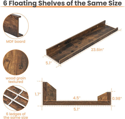 upsimples Floating Shelves for Wall, Wall Shelves for Decor Storage Set of 6, Wall Mounted Wood Shelf for Bedroom, Living Room, Bathroom, Kitchen, 23.6 inch Long Picture Ledge Shelf, Brown