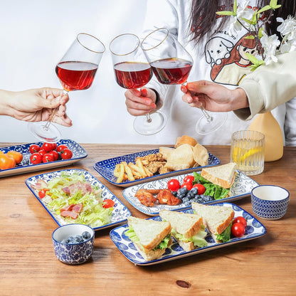 Selamica Ceramic Serving Platters, 14 Inch Serving Trays for Party Entertaining, Large Rectangular Serving Plates for Appetizer, Charcuterie, Dessert, Fruit, Set of 4, Vintage Blue