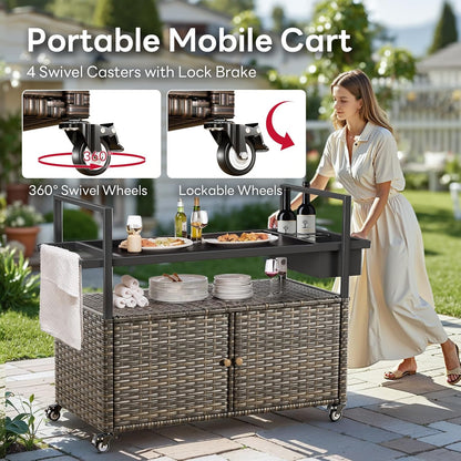 Outdoor Bar Cart with Storage Cabinet, Patio Bar Table with Tempered Glass Tabletop, Outdoor Serving Grill Cart with Rolling Wheels, Rattan Bar Cart for Patio, Backyard, Grey Wicker