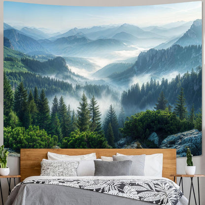 AMM Nature Forest Mountain Tapestry Green Misty Pine Tree Tapestry for Bedroom Aesthetic Foggy Woodlands Sky Landscape Tapestries Wall Hanging for Living Room Dorm 90 x 68 Inch