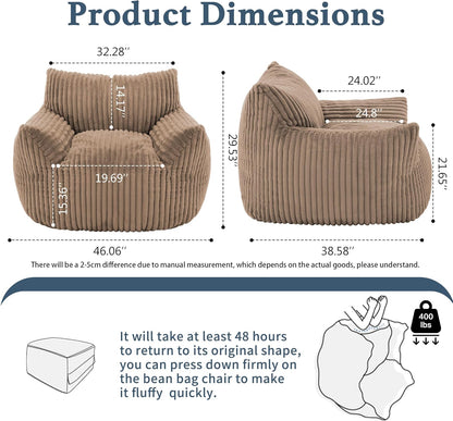 Giant Plush Bean Bag Chair for Adults with Armrests - Oversized Comfy Khaki Beanbag Lounge Lazy Floor Sofa Chair for Living Room, Bedroom & Dorm, Cozy Fluffy Single Cloud Mini Couch