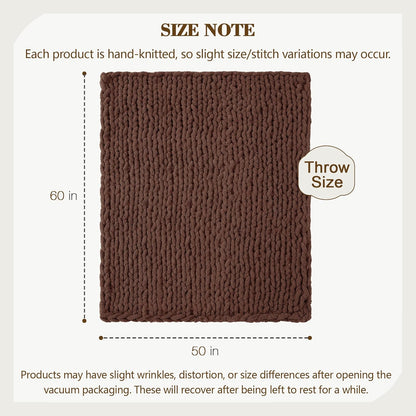 Carriediosa Chunky Knit Throw Blanket 50" X 60", 100% Hand Made Large Chenille Loop Yarn Soft Fluffy Throws for Couch Sofa Bed, Big Crochet Cozy Heavy Thick Cable Woven Blanket, Cocoa Brown