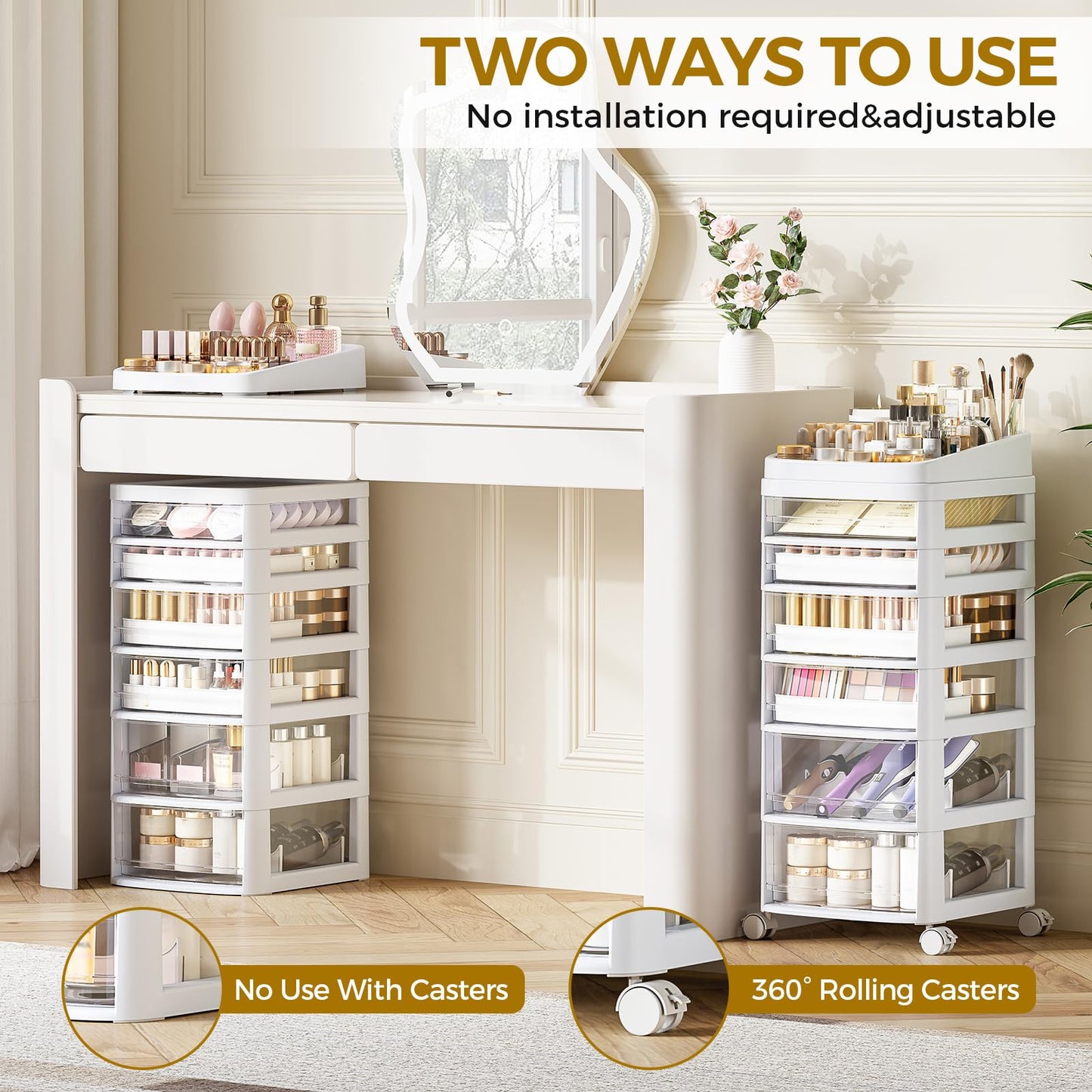 Rolling Cart with 6 Drawers, Clear Plastic Drawer Organizers, Vanity Cart