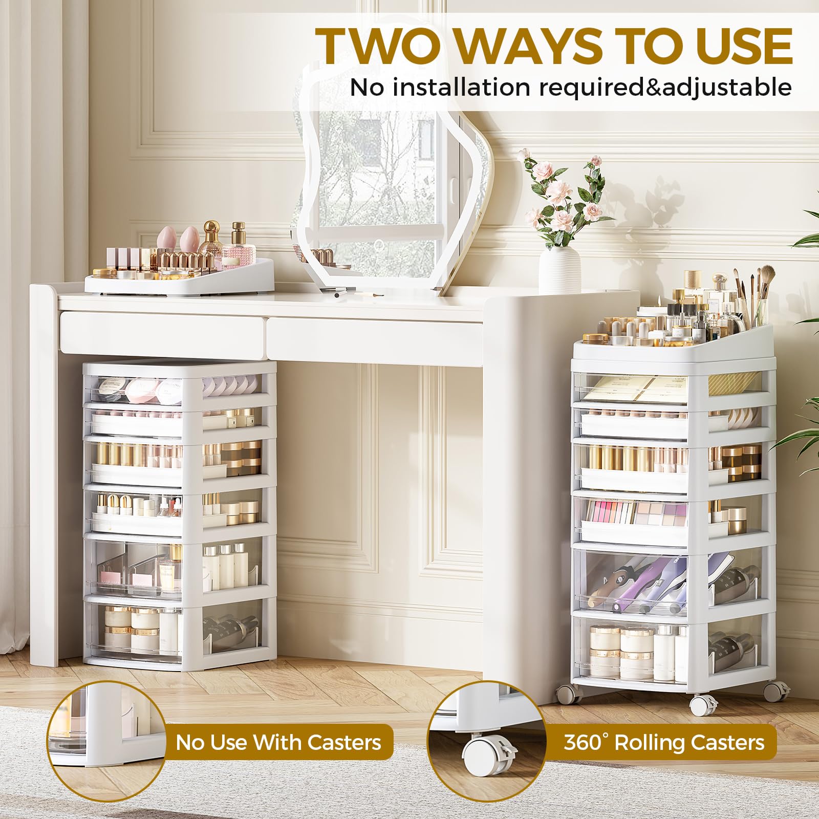 Rolling Cart with 6 Drawers, Clear Plastic Drawer Organizers, Vanity Cart