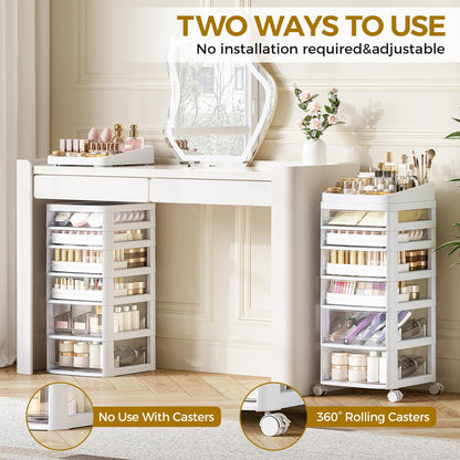 Rolling Cart with 6 Drawers, Clear Plastic Drawer Organizers, Vanity Cart