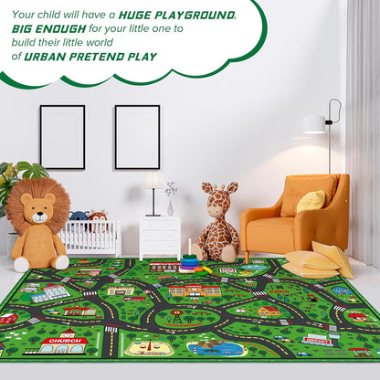 Kids Carpet Playmat Rug 6 x 9 ft Player Car Rug, City Life Traffic Road Map Mat Educational Game Area Mat for Toddler Children Playroom Classroom Bedroom(Green)