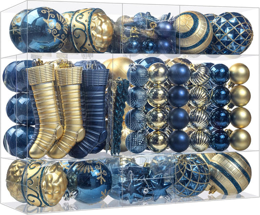 150Pcs Christmas Ball Ornaments Set, Assorted Bauble Ornaments for Xmas Tree, Shatterproof Plastic Hanging Decor for Home/Indoor/Outdoor/Festival/Party (Blue & Gold)