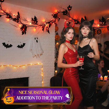 Halloween Lighted Willow Vine Twig Decoration, 6.56 FT Light up Garland Battery Operated with Orange LED Lights, 8 Modes and Timer, 12 Pumpkin and Ghost Ornaments, 4 Adhesive Hooks