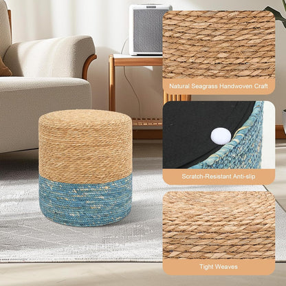 16'' Round Ottoman Natural Seagrass Braided Poof Hand Weaving Round Ottomans Boho Footrest Stool for Home Living Room Bedroom Patio(Natural&Blue)