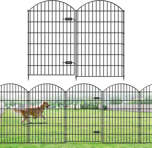 Metal Garden Fence with Gate 48in (H) x 20.3ft (L), 1 Gate+ 7 Panels Dog Fences Border Fence Animal Barrier, No Dig Garden Fencing for Yard Flower Bed Lawn Patio Outdoor, ECG4808G, Black