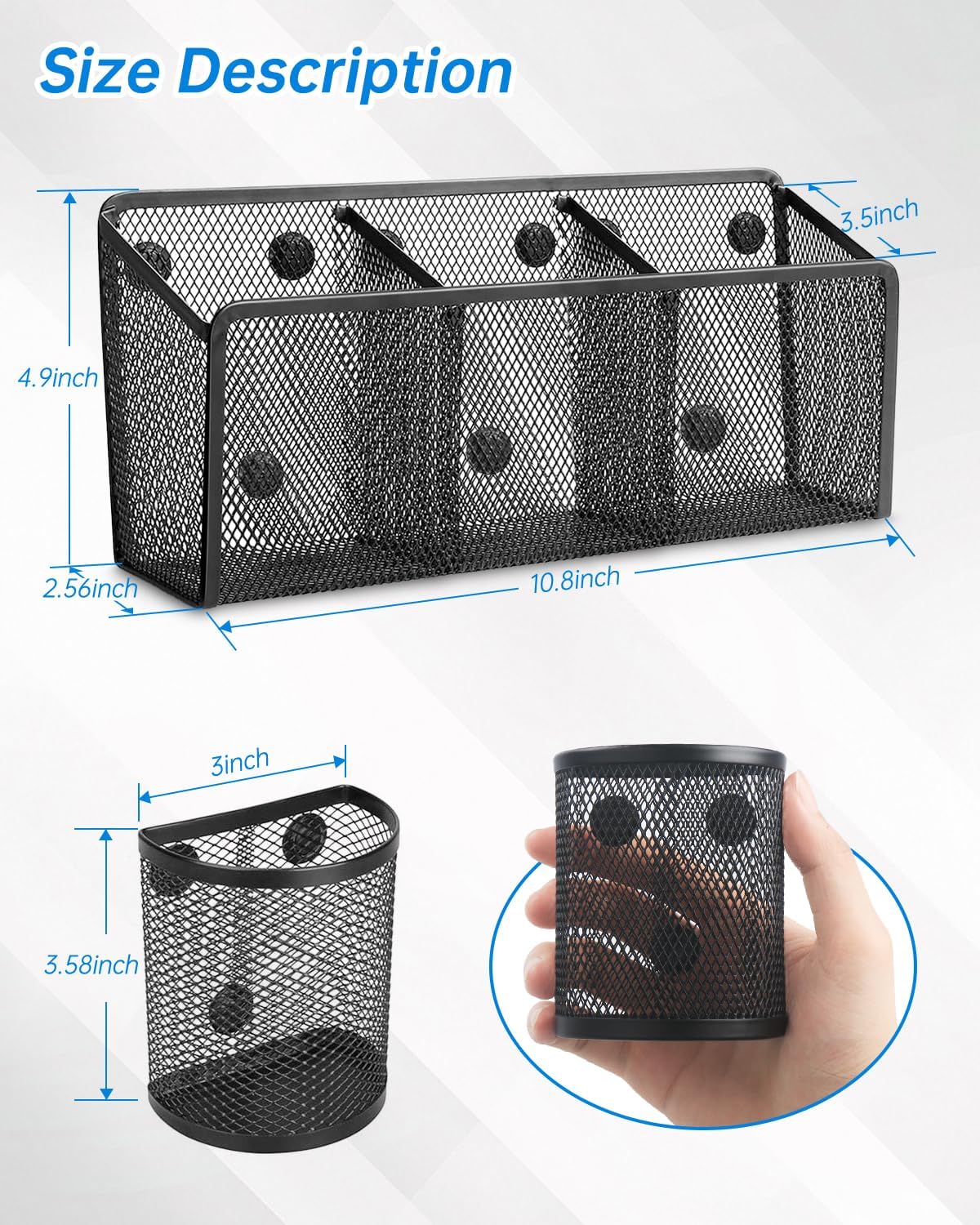 VICNOVA Magnetic Pencil Holder - Metal Pen Holder with Strong Magnets - Storage Basket Organizer for Whiteboard, Refrigerator, Locker Accessories