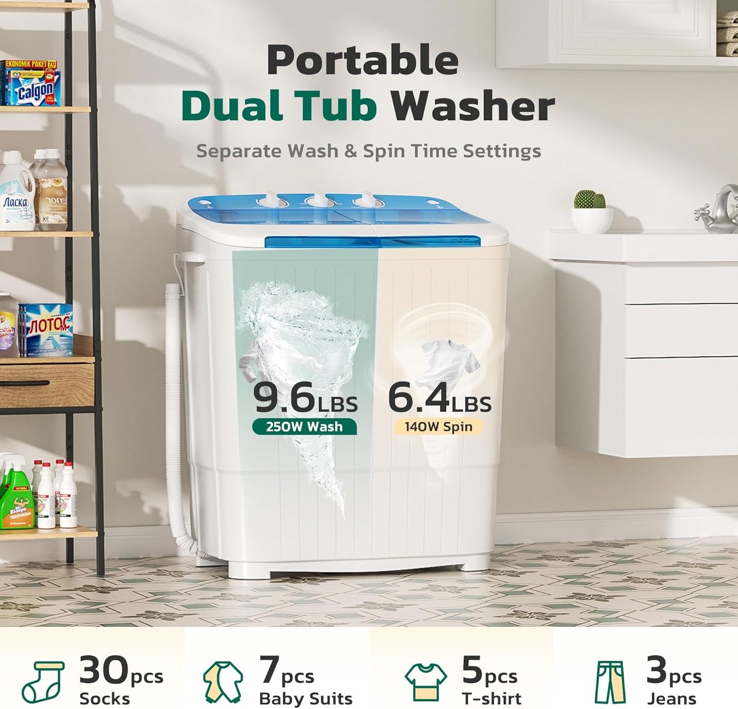 Greenvelly Portable Washing Machine, 16 Lbs Compact Mini Washer and Dryer Combo, Semi-automatic Twin Tub Washer with Drain Pump for Dorms, Apartments, RVs (Blue)