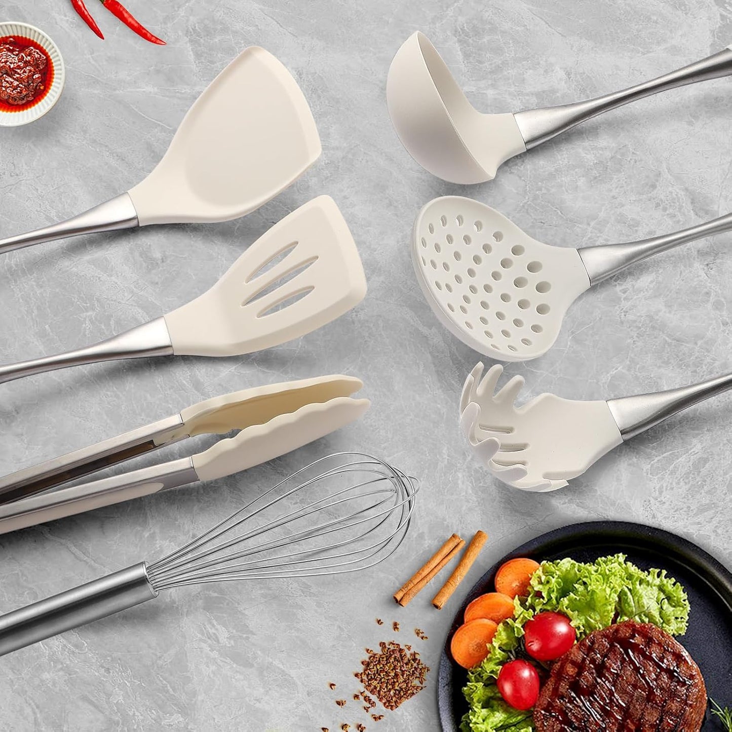 Premium White Silicone Cooking Utensils Set-Non-Toxic, Heat Resistant, BPA Free Kitchen Utensils Set with Spatula, Spoon, Whisk & Tongs-Non-Stick& Dishwasher Safe for Nonstick Cookware