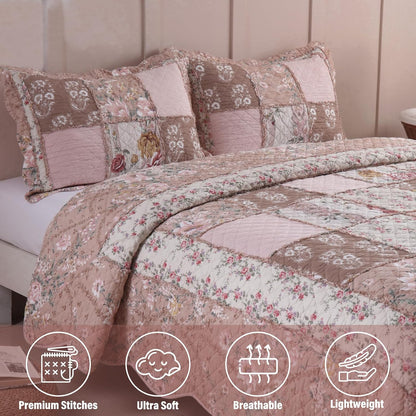 NEWLAKE Quilt Set Queen Size, Cotton Patchwork Pink Floral Quilt Sets, Real Stitched Embroidery Bedspread Lightweight and Breathable for All Seasons, Soft Quilted with 2 Pillow Shams