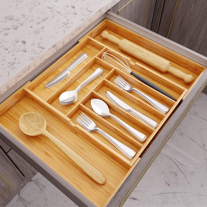 BAMEOS drawer organizer flatware organizer cutlery tray silverware organizer expandable adjustable bamboo drawer organizer kitchen bathroom