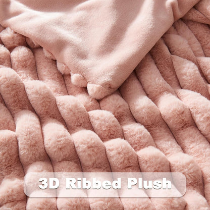 NEWCOSPLAY Faux Fur Throw Blanket Pink 3D Ribbed Plush Thick Warm Blanket for Couch Sofa Bed 850GSM (Pink Ribbed, Throw(50"x60"))