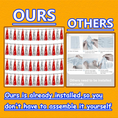 4P Red Silver Foil Fringe Metallic Tassel Streamers Banner Tassel Garland for Parade Floats, Graduation, Wedding, Birthday, Halloween, Christmas, Bridal/Baby Shower Party Decorations