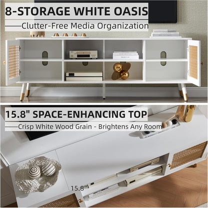 JYED Mid Century Modern TV Stand and Console for TVs Up to 75" - White Entertainment Center, 2 Gold Metal Mesh Doors & MDF Wood Grain, 15.8" D x 66" W x 23.5" H