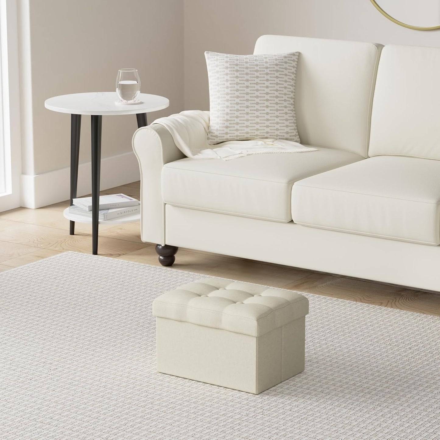 LINMAGCO Ottoman Storage Ottoman with Storage Small Foot Rest Stool Under Desk Stool Short Folding Footrest Linen Cloth Beigh 16X12X12IN