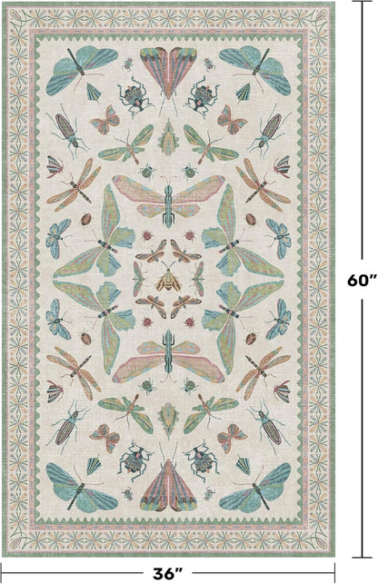 Washable Sage Green Large Entryway Rug, 3x5 Area Rugs for Laundry Room, Kitchen, Bedroom, Dorm, Insect Print Vintage Floral Non-Slip Throw Rug Low Pile Stain Resistance